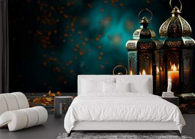 Photo arabic lantern with burning candle and bokeh lights in background ramadan Wall mural