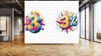  3 years anniversary, 3th Anniversary Logo Design, Number 3 Icon Vector Template,  Golden number 3 with sparkling confetti, 3th Anniversary celebration Vector background, logo design number 3 Wall mural