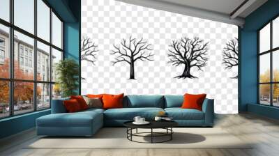 Dry tree icon set, black tree without leaves on white background, trees with roots, trees silhouettes set. Wall mural