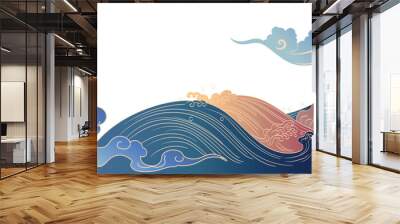 Japanese background with hand drawn line wave pattern vector. Abstract template with geometric pattern. Ocean sea backdrop layout design in oriental style. Chinese cloud elements. Wall mural