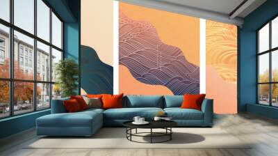 Japanese background with line pattern vector. Abstract landscape template with hand drawn wave decoration in vintage style.  Wall mural