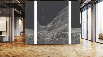 Japanese black and white background with hand drawn line wave pattern vector. Abstract art banner with geometric pattern. Mountain forest template design in oriental style Wall mural