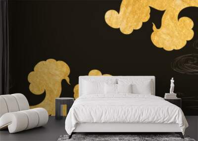 Japanese cloud background with gold brush stroke element vector. Abstract black banner. Painting brush layout design in vintage style. Wall mural