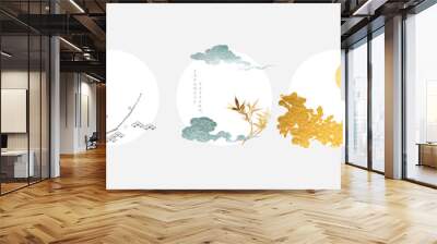 Japanese template with Asian icon vector. Abstract background illustration with Japanese wave pattern. Watercolor texture banner in vintage style. Wall mural