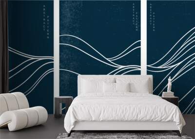 Japanese wave pattern with abstract art background vector. Water surface and ocean elements template in vintage style. Wall mural