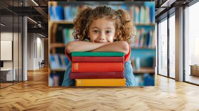 Adorable child curly hair smiling brightly holding book. Cute child anticipating joys of colorful classroom. Confidence and happiness power of knowledge. Wall mural