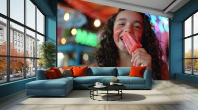 Charming young girl curly hair bouncing emits joyful appearance. Cheerful teen curly hair smiling brightly sunny afternoon. A kid's love for ice cream is undeniable. Wall mural