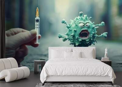 Graphic microbe displaying obvious signs of fear and tension. Playful virus character feels mix of panic and curiosity. Virus experiencing intense emotion of fear anthropomorphic form. Wall mural