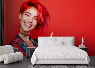 Modern fashion meets bold expression this colorful hair style. Poised young woman boasts stylish and innovative hair flair. Intersection of modern fashion and personal expression. Wall mural