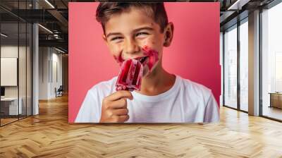 Stylish teen casual attire looking confident and youthful. Child's face lights up with an ice cream treat.  Carefree attitude of teenager enjoying life's simple pleasures. Wall mural