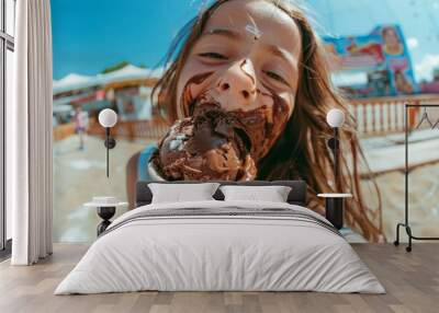 The pure joy of ice cream is seen in this child's smile.  Happy girl playing outdoor surrounded beauty and natural scenery. Symbolic of vibrant energy and positive outlook that children Wall mural