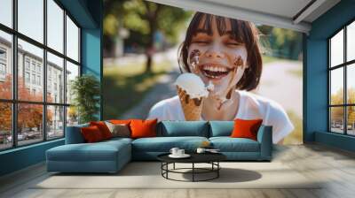 Youthful girl trendy black hair smiling candid moment. Child savors each bite of their ice cream cone.  Simple pleasures of youthful moments vibrant backdrop. Wall mural