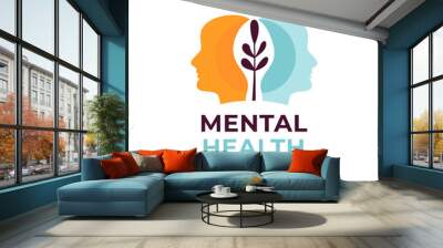 Vector flat psyhologic Mental Health logo in modern colors, the head with leaves 
growing on mind, isolated.  Wall mural