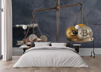 A balanced scale displays coins on one side and Bitcoin on other, symbolizing contrast between traditional currency and cryptocurrency. This image captures essence of modern finance and investment Wall mural