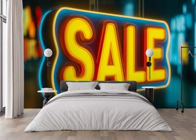 Bright neon SALE sign glowing in vibrant colors, perfect for attracting attention to promotions and discounts in retail environments Wall mural