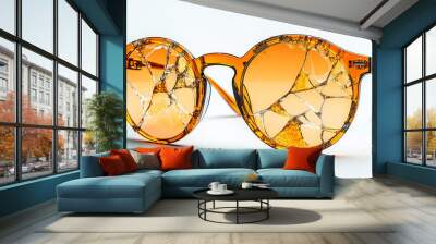 Cracked sunglasses frame with orange lenses, showcasing unique design and artistic expression. shattered look evokes sense of rebellion and individuality Wall mural