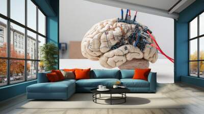 image features brain model integrated with electronic circuits, symbolizing fusion of biology and technology. This unique representation evokes thoughts on innovation and future of neuroscience Wall mural