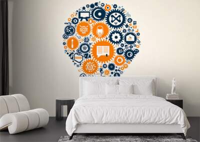 Innovative lightbulb design featuring interconnected gears and icons, symbolizing creativity and technology. This unique illustration represents ideas and inspiration Wall mural