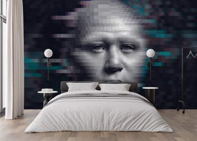 This image features digital portrait with glitch effect, creating unique and intriguing visual experience. distorted face evokes sense of mystery and modernity, blending technology with art Wall mural