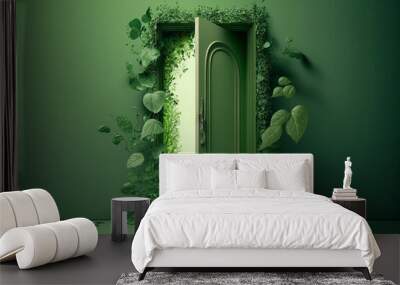 3d render, green open door isolated on green background with leaves made with Generative AI Wall mural