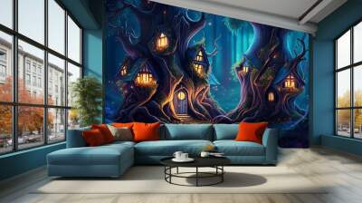 magic forest with fantasy houses at night, fairy tale like houses made with Generative AI Wall mural