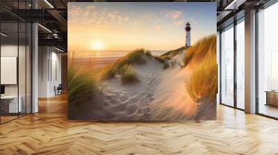 Showcasing the serene and picturesque beach scene on the island of Sylt, Germany, capturing the pristine white sand, rolling waves of the North Sea, and a majestic lighthouse  Wall mural