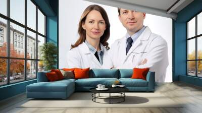 Two medical doctors - one male and one female - confidently smiling and looking directly into the camera - Generative AI Wall mural