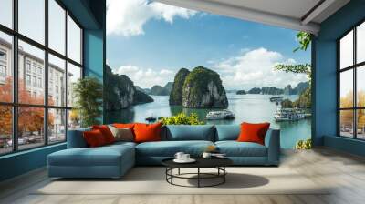 View over Ha Long Bay. View over Ba Tu Long Bays iconic limestone mountains, with cruise ships. Taken near Ha Long, Vietnam. Wall mural