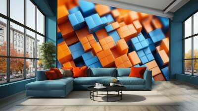 a multitude of three dimensional blue and orange cubes create an endless abstract mosaic with a shallow depth of field generative ai Wall mural