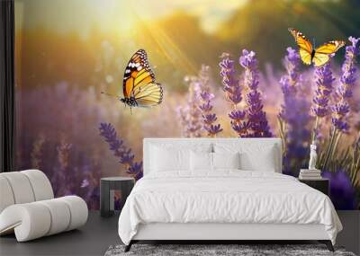 a sunny summer nature background sets the stage for a breathtaking display of beauty graceful butterflies flutter amidst a mesmerizing sea of lavender flowers bathed in the golden hues of sunlight Wall mural