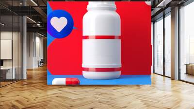 A white plastic bottle of medicine with a red and blue Wall mural