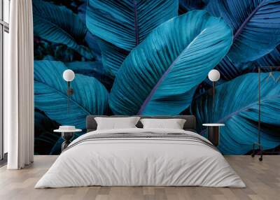 abstract green leaf texture dark blue tone nature background tropical leaf Wall mural