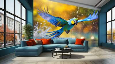 blue parakeet flying above water surface create water splashes on blurred bokeh background colorful macaw fly with a lot of splashing water yellow background Wall mural