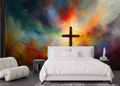 colorful painting art of an abstract dark background with cross christian illustration Wall mural