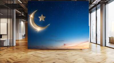 crescent moon and star on panoramic dark blue twilight sky for ramadan kareem eid mubarak eid al adha eid al fitr and islamic new year background design Wall mural