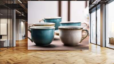 elegant ceramic coffee cups on table empty and clean Wall mural