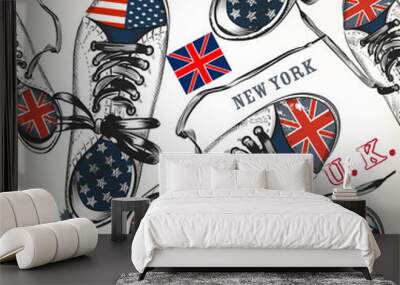 Fashion seamless pattern with sports boots decorated by British Wall mural