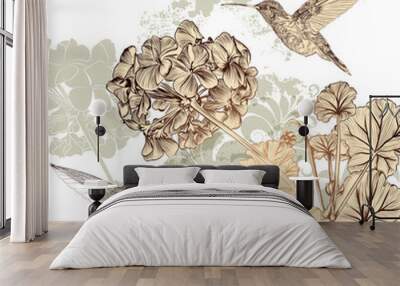 Floral background with flowers, birds and butterflies Wall mural