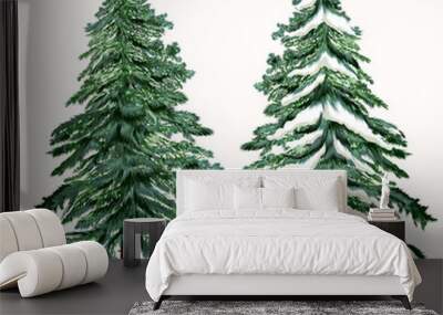 Set of vector Christmas trees, green fur trees in hand drawn watercolor style for design Wall mural