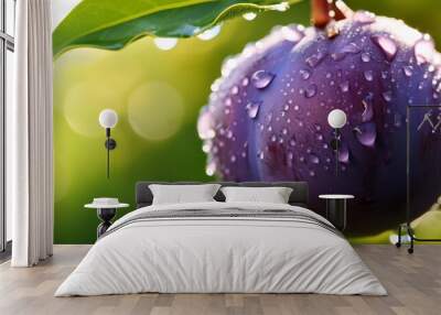 fresh purple fruit with rain droplets illuminated by natural light against a blurred green background perfect for nature photography Wall mural