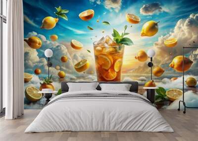 Glass of Lemon Iced Tea with Floating Lemons and Clouds Wall mural