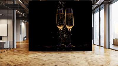 Glasses of champagne with black background and lights Wall mural