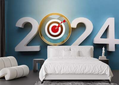 happy new year 2024 with business concept banner the big white 2024 year number with target icon inside the golden magnifying glass on light blue background planning for goal and success concepts Wall mural