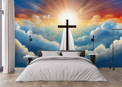 illustration of the second coming of jesus christ the savior in the clouds in heaven generative ai background Wall mural