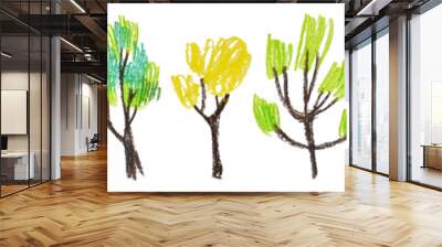 illustration pencil drawing green deciduous trees set children's drawing Wall mural