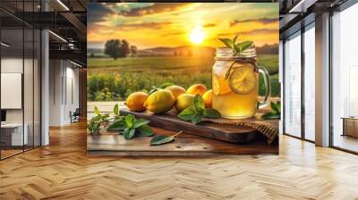 Lemonade in Mason Jar with Mint, Countryside Sunset Wall mural