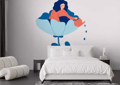 A happy woman sits in the flower and waters it. Smiling girl cares about herself and her future. Concept of love yourself and a healthy lifestyle. Vector illustration. Wall mural