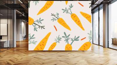 Carrots doodle seamless vector pattern for kitchen wallpaper, textile, fabric, paper. Flat hand drawn vegetables background for Vegan, farm, eco design Wall mural