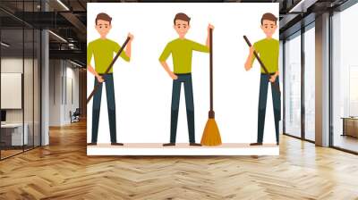 Cartoon set of Male vector character with a broom. Cleaner boy is holding a broom.Cleaner roads, streets, and parks in working  clothes with a broom in hand. Cleaning concept Wall mural