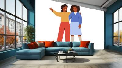 Friends stand together and embrace. Smiling Two schoolgirls greeting and supporting each other. Girl shows something to her sister or welcomes her. Concept of friendship and partnership. Vector illust Wall mural